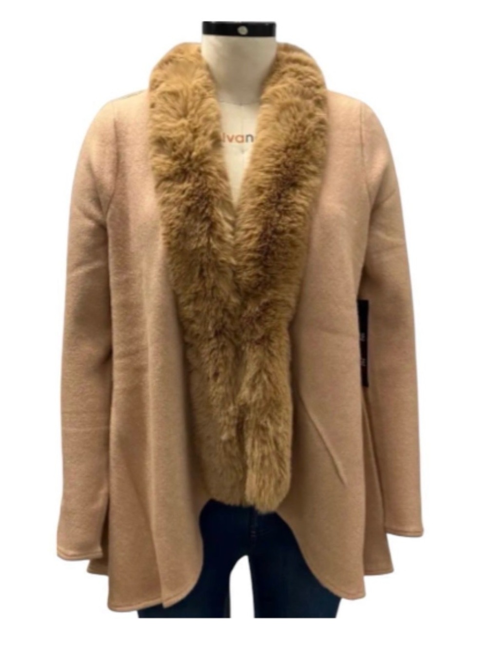 Adrienne Landau Camel Faux Fur Trim Open-Front Cardigan